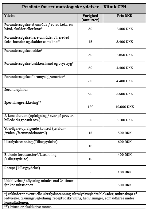 Prisliste for reumatologiske ydelser